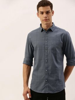 The Indian Garage Co - Men Slim Fit Checkered Full Sleeves Spread Collar Casual Shirt- Grey