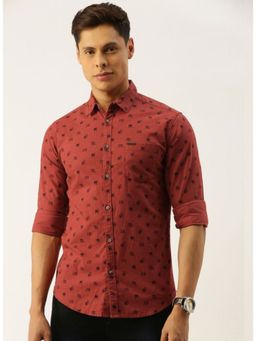 The Indian Garage Co - Men Slim Fit Graphic Print Full Sleeves Spread Collar Casual Shirt- Red