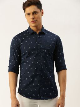 The Indian Garage Co - Men Slim Fit Full Sleeves Spread Collar Casual Shirt- Navy Blue