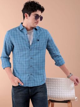 The Indian Garage Co - Men Regular Fit Checkered Full Sleeves Cutaway Collar Casual Shirt- Blue