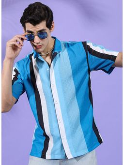 The Indian Garage Co - Men Relaxed Fit Striped Half Sleeves Cuban Collar Resort Wear Shirt- Blue