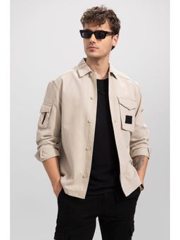 Snitch - Beige Solid Full Sleeves Relaxed Casual Overshirt for Men