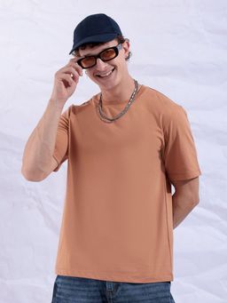 The Indian Garage Co - Men Solid Round Neck Tshirt- Beige