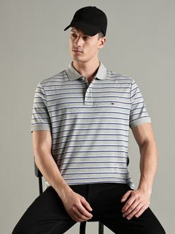 Tommy Hilfiger - Striped Regular Fit Cotton Polo T-shirt- Grey
