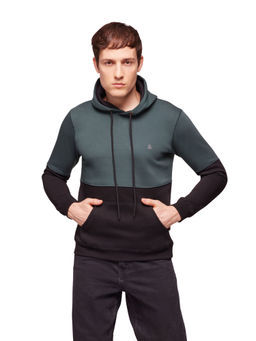 Bombay High - Men Colorblock Patterned Jungle Green & Black Knit Hoodie