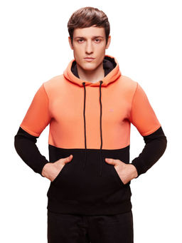 Bombay High - Men Colorblock Patterned Orange & Black Knit Hoodie