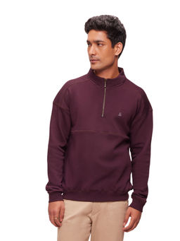 Bombay High - Men Solid Maroon Half Zip Knit Sweatshirt