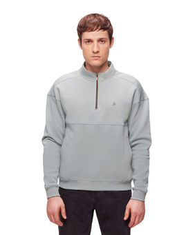 Bombay High - Men Solid Sage Green Half Zip Knit Sweatshirt