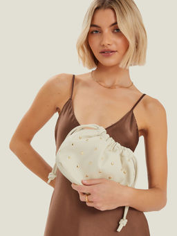 Accessorize London - Women Cream Studded Drawstring Pouch Style Sling Bag