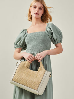 Accessorize London - Women Cream Jute Faux Leather Handbag with Detachable Strap