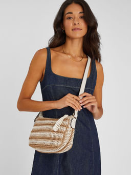 Accessorize London - Women Beige Two-Tone Woven Sling Bag