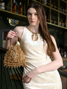 Odette - Women Beige Velvet Embellished Clutch