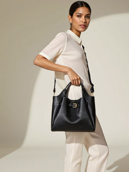 Toteteca - Women Unlined Black Handbag with Detachable Strap