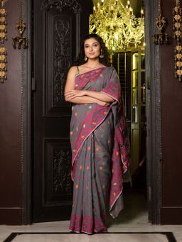 CHARUKRITI - Grey Silk Cotton Handwoven Jamdani Saree