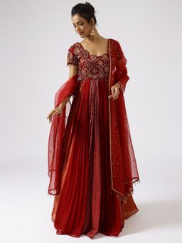 Shreeka - Deep Red Jaal Embellished Anarkali with Sharara and Dupatta (Set of 3)