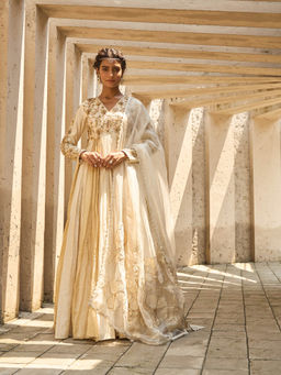 Shreeka - Ivory Embellished V-Neck Anarkali with Churidar and Dupatta (Set of 3)