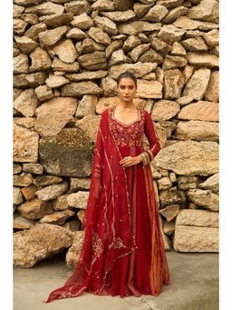 Shreeka - Deep Red Georgette Embellished Anarkali with Churidar and Dupatta (Set of 3)