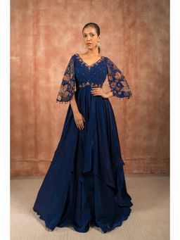 Shreeka - Midnight Blue Satin Cape Sleeves Embellished Maxi Dress