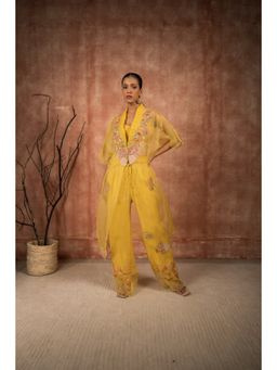 Shreeka - Yellow Organza Embellished Jacket with Bustier and Pant (Set of 3)