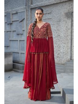 Shreeka - Deep Red Georgette Embellished Kurti and Sharara (Set of 2)