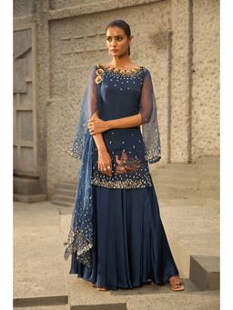 Shreeka - Midnight Blue Cape Sleeves Embellished Kurti with Palazzo and Dupatta (Set of 3)