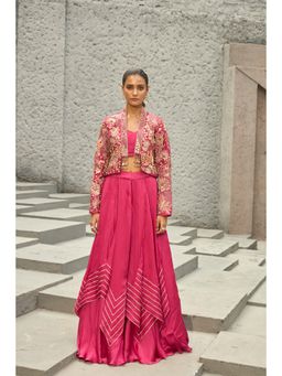 Shreeka - Pink Silk Embellished Jacket with Bustier and Lehenga (Set of 3)
