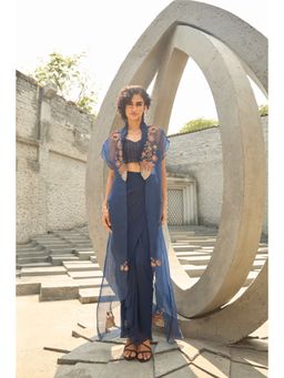 Shreeka - Teal Organza Top with Drape Skirt and Cape (Set of 3)