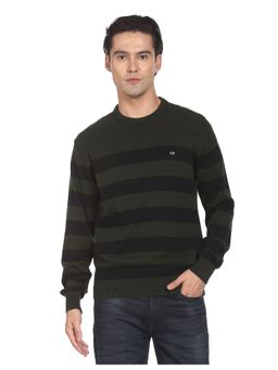 Arrow Sports - Men Olive Crew Neck Horizontal Stripe Cotton Sweater