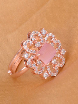 Saraf RS Jewellery - Rose Gold Plated Pink Colour Ad Studded Handcrafted Adjustable Ring