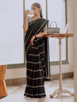 Akhilam - Women Bhagalpuri Silk Black Printed Designer Saree with Unstitched Blouse