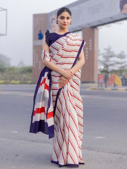 Akhilam - Women Bhagalpuri Silk Cream Printed Designer Saree with Unstitched Blouse