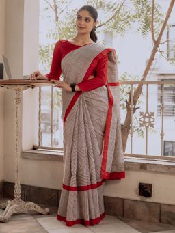 Akhilam - Women Bhagalpuri Silk Cream Printed Designer Saree with Unstitched Blouse