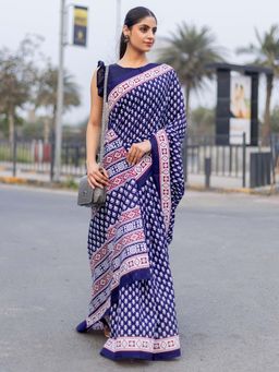 Akhilam - Women Bhagalpuri Silk Navy Blue Printed Saree with Unstitched Blouse