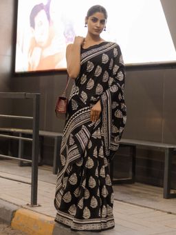 Akhilam - Women Bhagalpuri Silk Black Printed Designer Saree with Unstitched Blouse