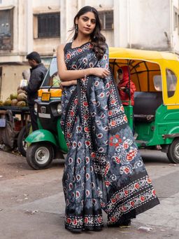 Akhilam - Women Bhagalpuri Silk Grey Printed Designer Saree with Unstitched Blouse