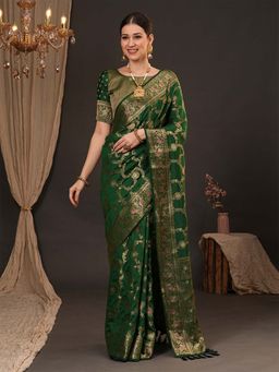 Akhilam - Women Dola Silk Green Woven Design Designer Saree with Unstitched Blouse