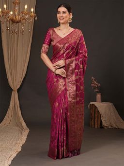 Akhilam - Women Dola Silk Magenta Woven Design Designer Saree with Unstitched Blouse