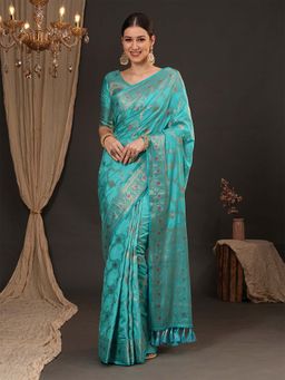 Akhilam - Women Dola Silk Light Blue Woven Design Saree with Unstitched Blouse