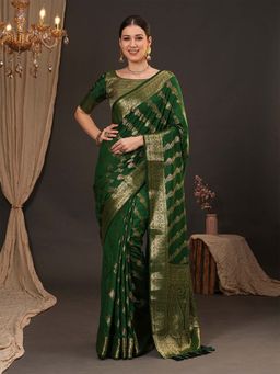 Akhilam - Women Dola Silk Green Woven Design Designer Saree with Unstitched Blouse