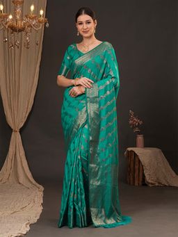 Akhilam - Women Dola Silk Turquoise Woven Design Designer Saree with Unstitched Blouse