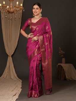 Akhilam - Women Dola Silk Magenta Woven Design Designer Saree with Unstitched Blouse