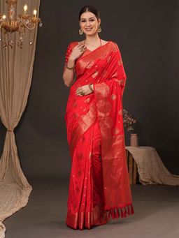 Akhilam - Women Dola Silk Red Woven Design Designer Saree with Unstitched Blouse