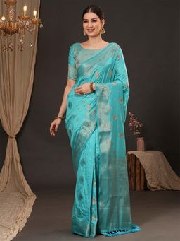 Akhilam - Women Dola Silk Light Blue Woven Design Saree with Unstitched Blouse