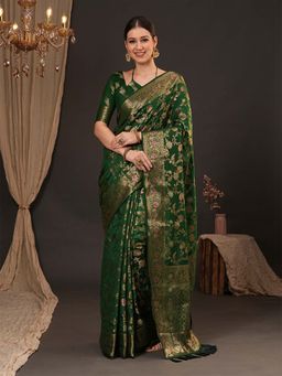 Akhilam - Women Dola Silk Green Woven Design Designer Saree with Unstitched Blouse