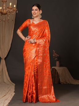 Akhilam - Women Dola Silk Orange Woven Design Designer Saree with Unstitched Blouse