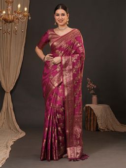 Akhilam - Women Dola Silk Magenta Woven Design Designer Saree with Unstitched Blouse