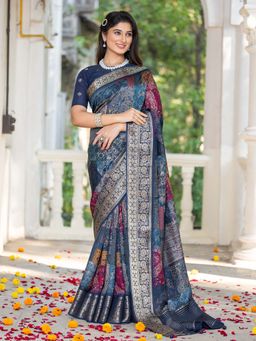 Akhilam - Women Viscose Silk Blue Woven Design Designer Saree with Unstitched Blouse
