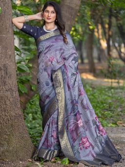 Akhilam - Women Viscose Silk Grey Printed Designer Saree with Unstitched Blouse