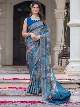 Akhilam - Women Viscose Silk Teal Printed Designer Saree with Unstitched Blouse