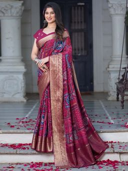 Akhilam - Women Viscose Silk Magenta Printed Designer Saree with Unstitched Blouse